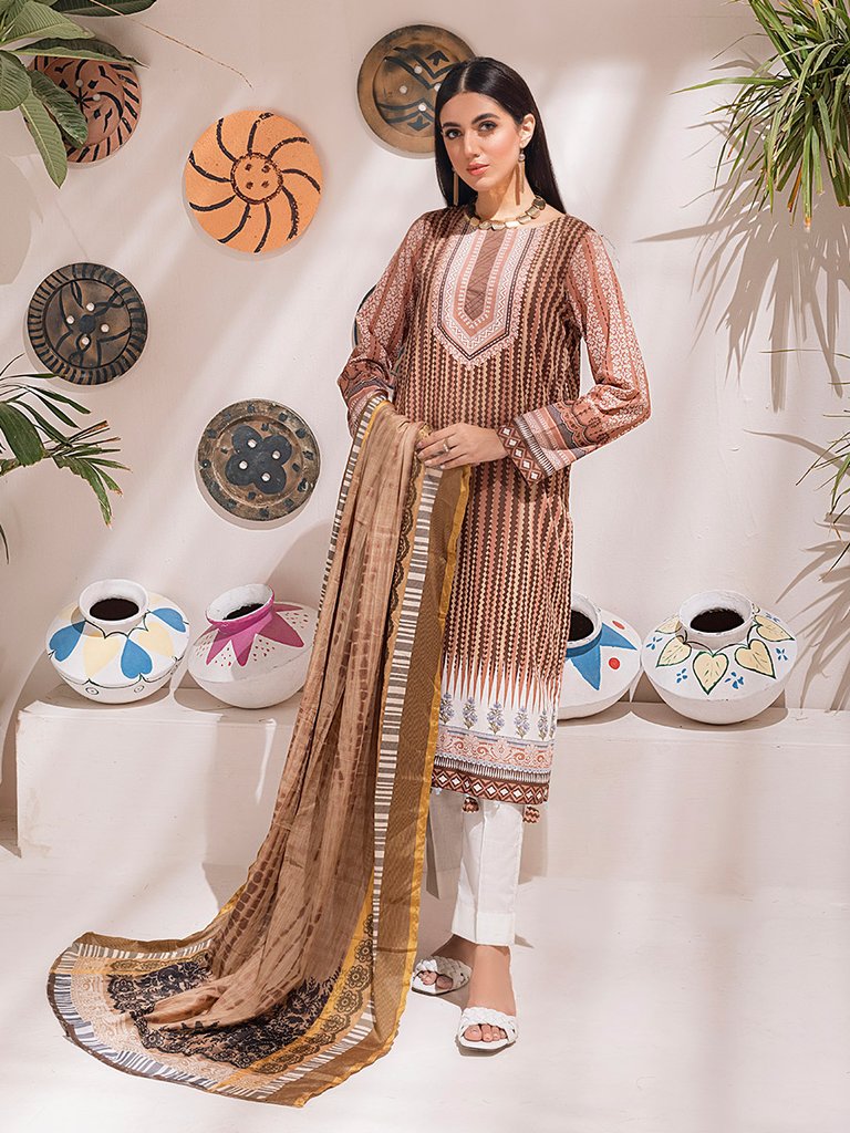 Unstitched 3pc - Printed Cambric Shirt & Printed Cambric Dupatta with Gold Border & Dyed Cambric Trouser - Inaya Gold Cambric (IP-00110B)